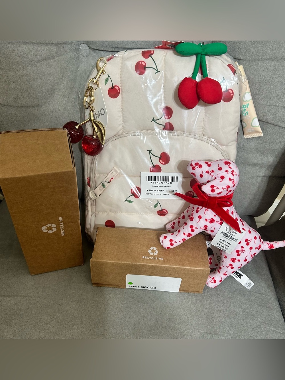 Cherry Print Quilted Backpack Charm Victoria’s Secret Bombshell Mist NWT - Picture 2 of 12